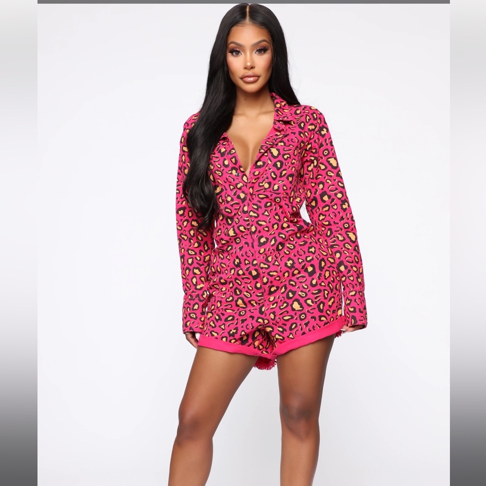 Pink leopard print short jumpsuit